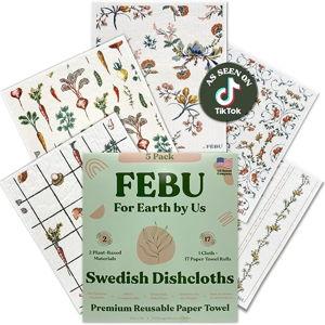 FEBU Swedish Dishcloths for Kitchen | 5 Pack Vintage Kitchen Reusable Paper Towels Washable | Swedish Dish Towels | Non-Scratch Cellulose Sponge Cloths | No Odor, Biodegradable Cleaning Cloths