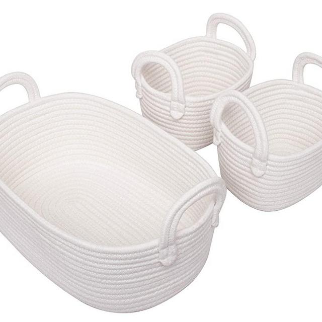 Woven Basket Set of 3 - Storage Cotton Rope Baskets, Small Baby White Organizer Bin for Nursery Laundry Kids Toy