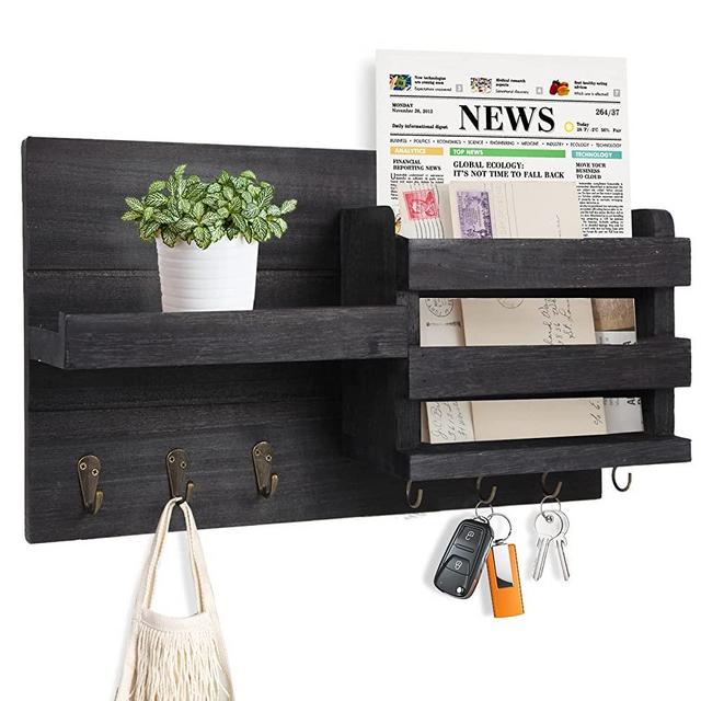 SLLPL Wood Mail Organizer Wall-Mounted - Mail Holder with Key Hooks, Key Holder for Wall Decorative, Mail and Key Holder with Shelf for Leash and Bills, Rustic Mail Sorter for Entryway, Black