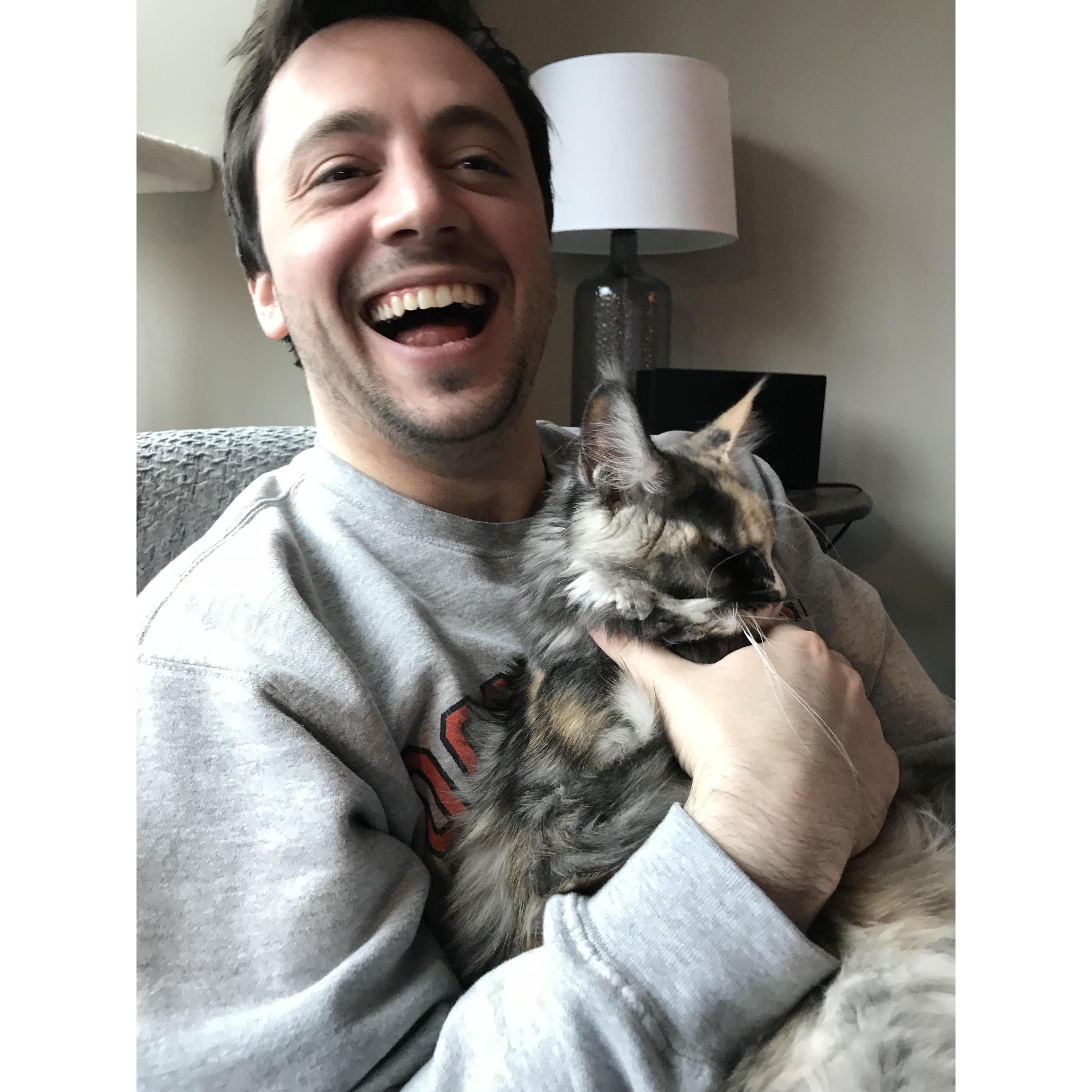Snuggling with our new kitten, Butter