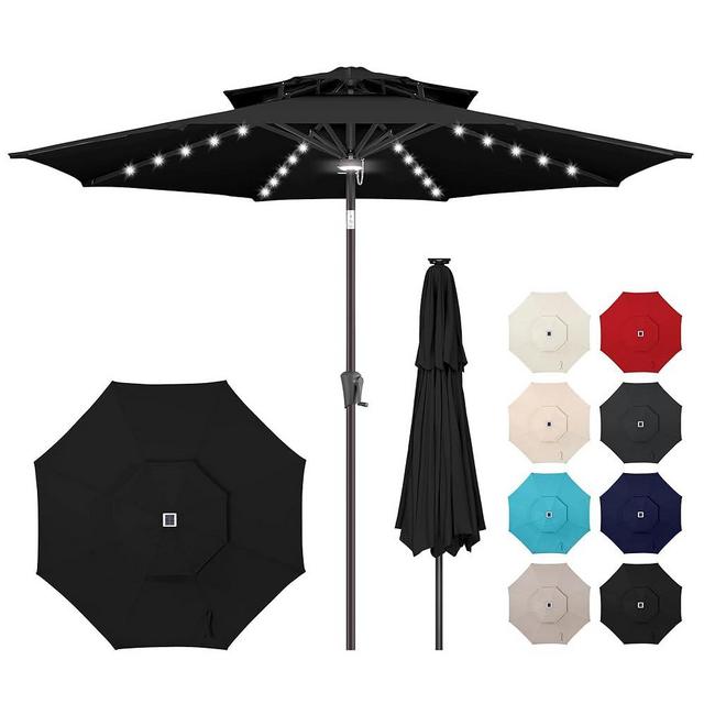 AckMizz 9ft Solar Umbrella Outdoor - Double Top Lighted Patio Umbrella with 40 LED Lights Waterprool Uv Protection, Table Umbrella with Tilt & Crank for Pool, Porch, Garden, Backyard(Black)