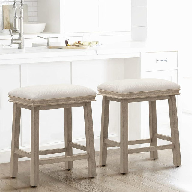MAISON ARTS Off White Counter Height 24 inch Bar Stools Set of 2 for Kitchen Counter Solid Wood Legs with Faux Leather Padded Seat Farmhouse Barstools for 34"-38" Counter Island Upholstered Stools