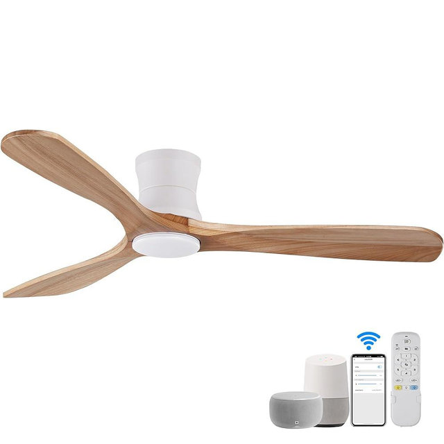 Hoenofly Smart 52” Wood Flush Mount Ceiling Fans with Lights and Remote,Quiet DC Motor,Outdoor Indoor Ultra Low Profile Ceiling Fan works with Alexa WIFI APP,Modern White Ceiling Fan for Bedroom Patio