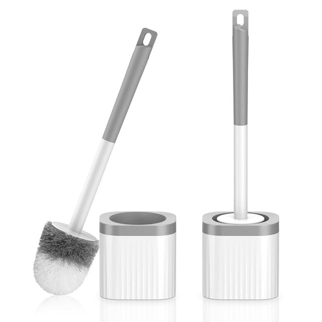 EZKEY Toilet Brush, Compact Toilet Brush and Holder Set with Nylon Bristles 2 Pack Toilet Bowl Brush Small Hidden Scrubber Brushes for Bathroom Deep Cleaning, Grey & White