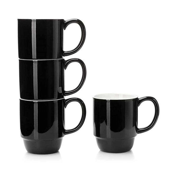Porcelain Stackable Coffee Mugs Set of 4 - 16 Ounce Cups with Handle for Hot or Cold Drinks like Cocoa, Milk, Tea or Water - Smooth Ceramic with Modern Design, Black