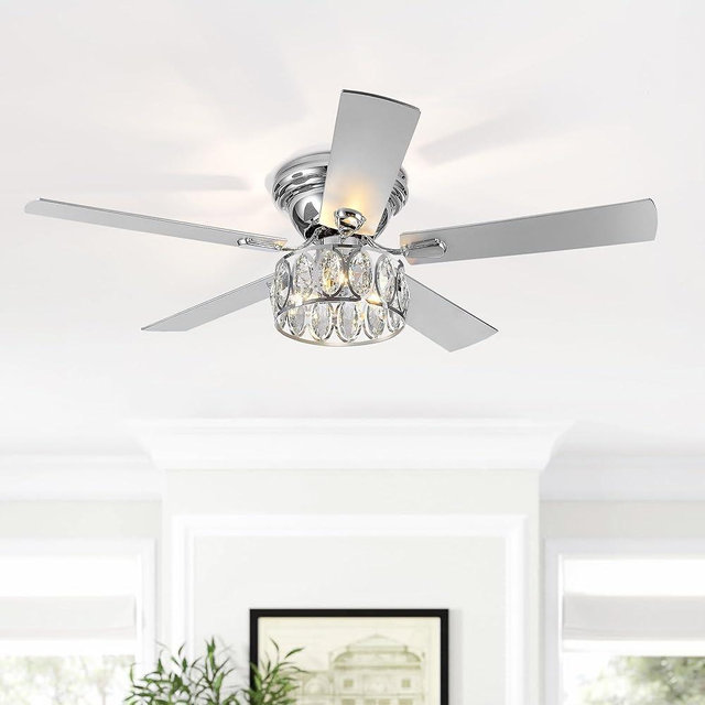 Breezary 52 inch Flush Mount Ceiling Fans with Lights Remote Control, 5 Reversible Blades Indoor Low Profile Crystal Lighting Chandelier Ceiling Fans for Bedroom