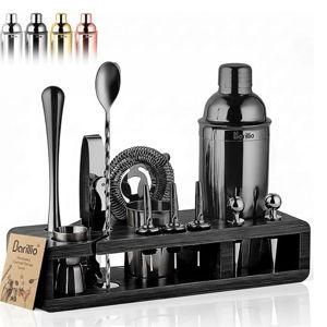 Barillio Black Bartender Kit - Stainless-Steel Cocktail Shaker Set w/Black Bamboo Stand - Mixology Bar Tools w/Drink Shaker, Mixer and Muddler for Cocktails - Home Bar Accessories - 23-Pc Bar Set