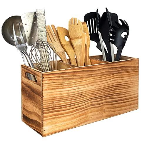 Utensil Holder in Rustic Wood for Farmhouse Kitchen Decor, Countertop Organizer and Cooking Tools Storage (Triple)