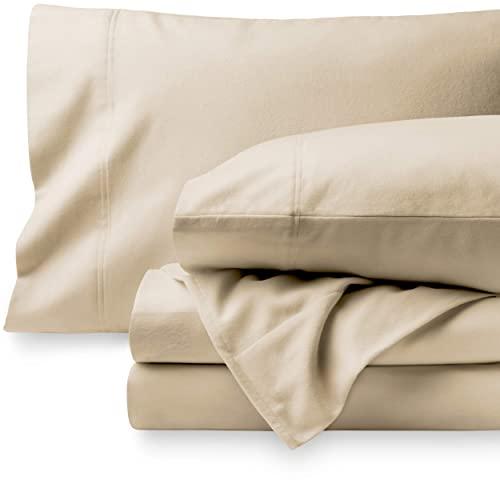 Bare Home Flannel Sheet Set 100% Cotton, Velvety Soft Heavyweight - Double Brushed Flannel - Deep Pocket (Queen, Sand)