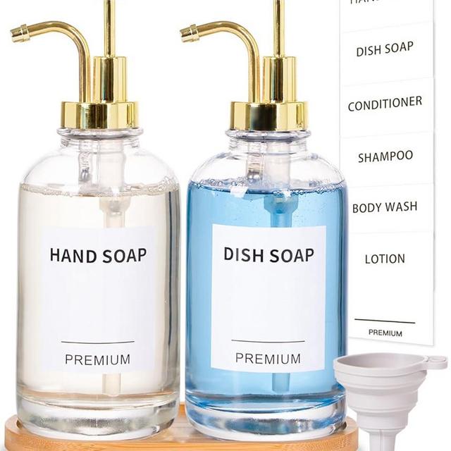 Dish Soap Dispenser for Kitchen, Hand Glass Soap Dispenser Set with Pump, Tray, Funnel for Bathroom, Shower, Laundry, Liquid, Lotion (Gold 2 Pack 18 Oz Clear Bottles with 12 Stickers)