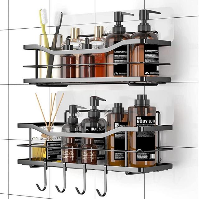 Shower Caddy with Hooks of 4, EAGMAK No Drilling Adhesive Shower Shelf Wall Mounted Shampoo Holder, SUS304 Stainless Steel Shower Storage Organizer for Bathroom, Toilet and Kitchen- 2 Pack (Black)