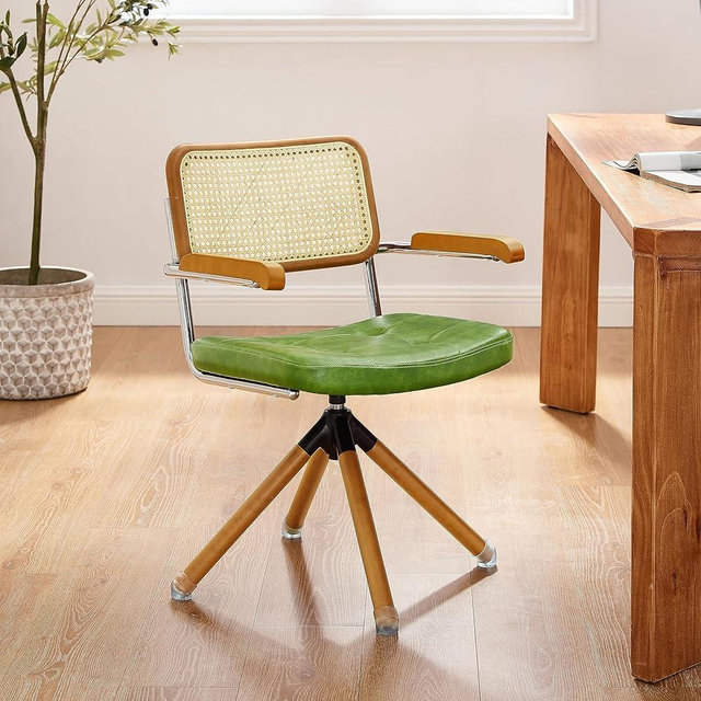 Art Leon Mid Century Office Chair - Faux Leather Upholstered Rattan Desk Chair, Vintage Swivel Accent Chair with Wood Legs, Green