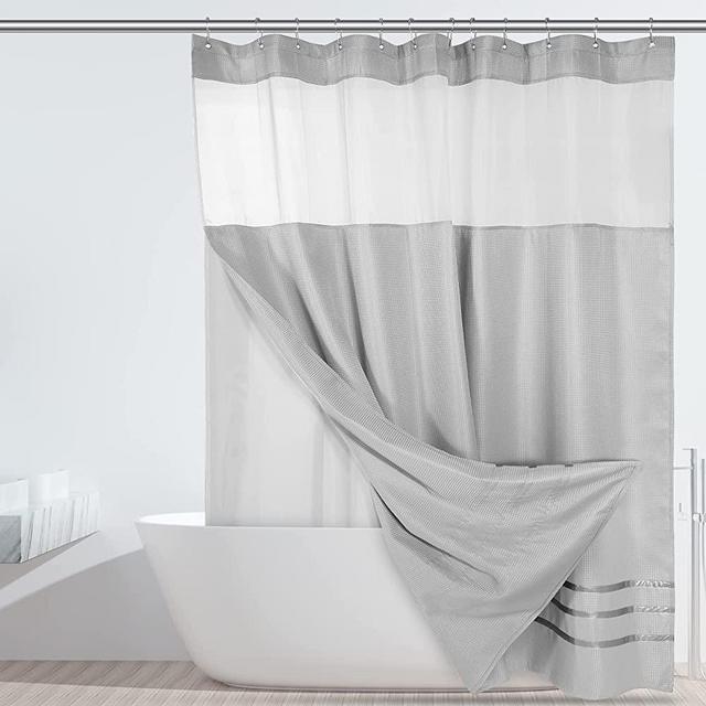 Yimobra Waffle Weave Bathroom Shower Curtain with Snap in Fabric Liner Set, Hotel Quality Waterproof and Machine Washable Curtains with Mesh Top Window for Showers and Bathtubs, 72 "x 72", Gray