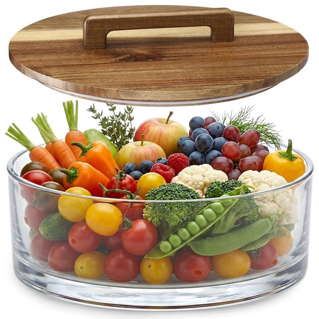LemonRoad 9.6 Inch Large Glass Salad Bowl with Acacia Wood Lid, Thick Glass Trifle Bowl Versatile Mixing and Serving Dish for Dessert Fruit Pasta Ice Cream Cake Baking Dishwasher Safe