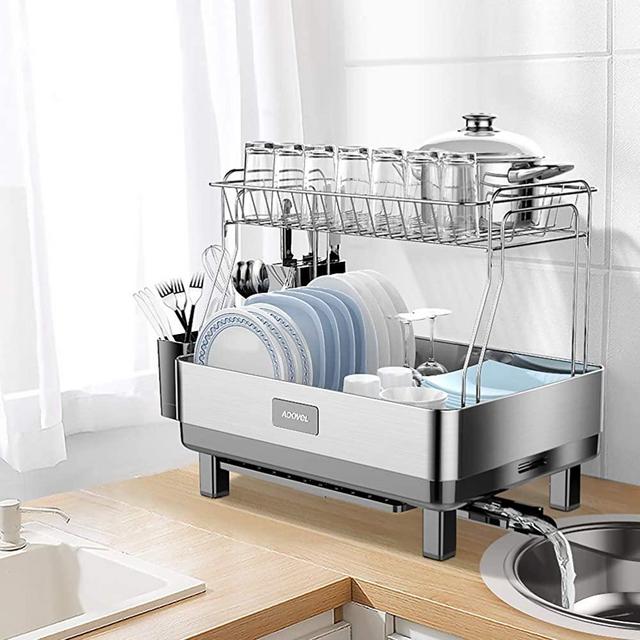 ADOVEL Dish Drying Rack and Drainboard Set, 2 Tier Dish Drainer with Swivel Spout for Kitchen Counter, 304 Stainless Steel
