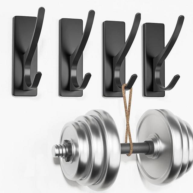 Self Adhesive Coat Hooks for Hanging: Heavy Duty Stainless Wall Hook for Towel, Backpack, Hat, Sturdy Metal Hanger for Bathroom, Bedroom, Door, 4-Pack, Matt Black