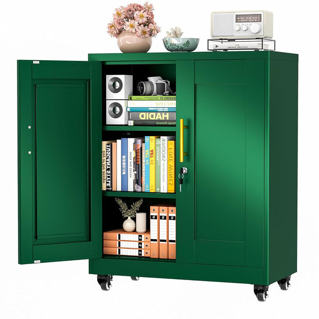 winiowa 36" Mobile Metal Storage Cabinet with Lock, Locking File Cabinet with 2 Adjustable Shelves & Wheels, Green Lockable Organizer for Home Office/Garage