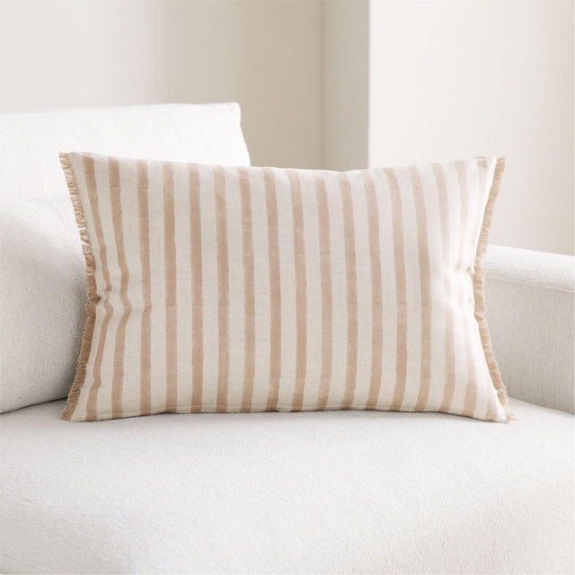 Yarra Stripe Fringe 24"x16" Warm Sand Beige Throw Pillow with Down-Alternative Insert