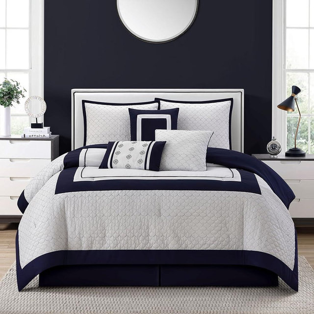 Stratford Park 7 Piece White Navy Comforter Set, King Size Quilting with Matching Solid Piece Work, All Season Geometric Bedding, Matching Pillows, Shams, Bed Skirt