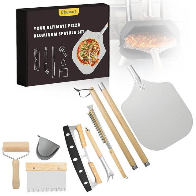 The 7-piece pizza oven accessory set is perfect for making pizza. Comprises a pizza shovel, an oven brush, a bubble Popper deformer, a rocking knife, a silica gel clamp, a dough roller and a scraper.