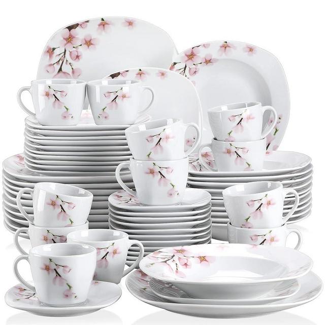 VEWEET, Series Annie, 60 PCS Porcelain Dinnerware Set with Pink Floral Pattern, White Plates and Bowls Sets including Dinner Plates, Dessert Plates, Soup Plates Set, Cups & Saucers, Dishes Set for 12