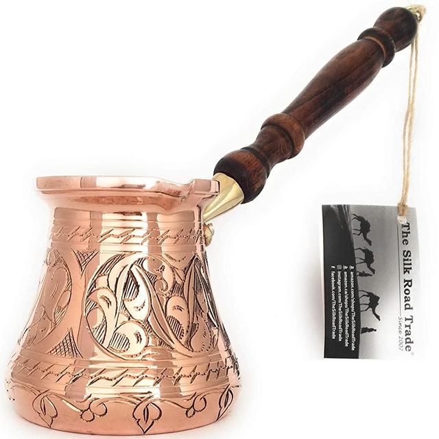 The Silk Road Trade - PC Series (Large) - Thickest Solid Copper Engraved and Hammered Turkish Greek Arabic Coffee Pot Wooden Handle, Heavy Duty Stovetop Coffee Maker, Jazzve, Cezve, Ibrik (14 fl oz)