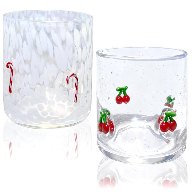 Wtruoy 2 Pcs Icon Glass Cups - 14 oz Cane & Cherry Icon Juice Glasses, Hand-blown Old Fashioned Drinking Glasses for Holiday Gifts, Family Parties, Cocktail Glassware, Home Bar Decor