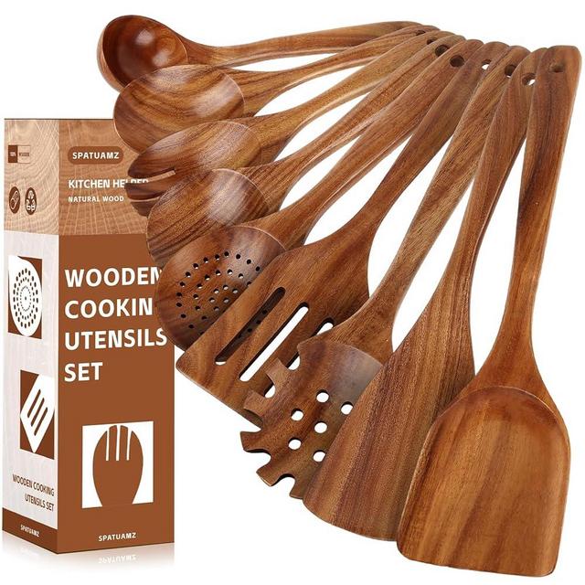 SPATUAMZ Natural Teak Wooden Kitchen Utensil Set, Handmade Wooden Utensils for Cooking, Wooden Spoon and Spatula Set of 9 for Any Kitchen