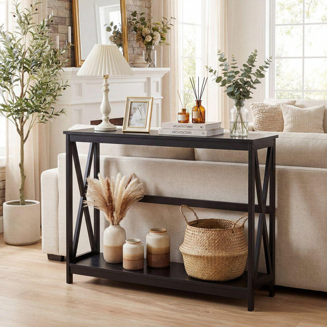 JIONJOY 40" 2-Tier Console Table with Metal X-Frame, 200 lbs Capacity Wood Entryway Sofa Table for Living Room Hallway