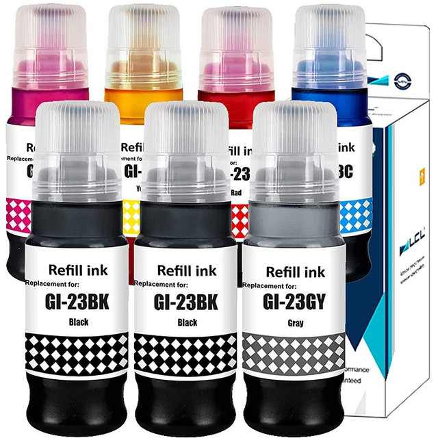 LCL Compatible Ink Bottle Replacement for Canon GI23 GI-23 BK GI-23BK GI-23C GI-23M GI-23Y GI-23R GI-23GY PIXMA G620 (7-Pack 2Black Cyan Magenta Yellow Red Gray)