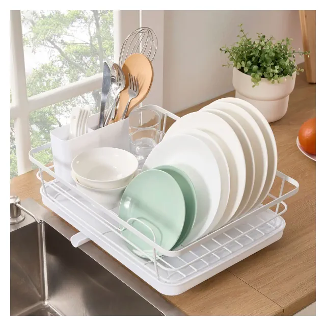 3-Piece Multi-Functional Dish Drying Rack with Drain Board & Utensil Holder - White