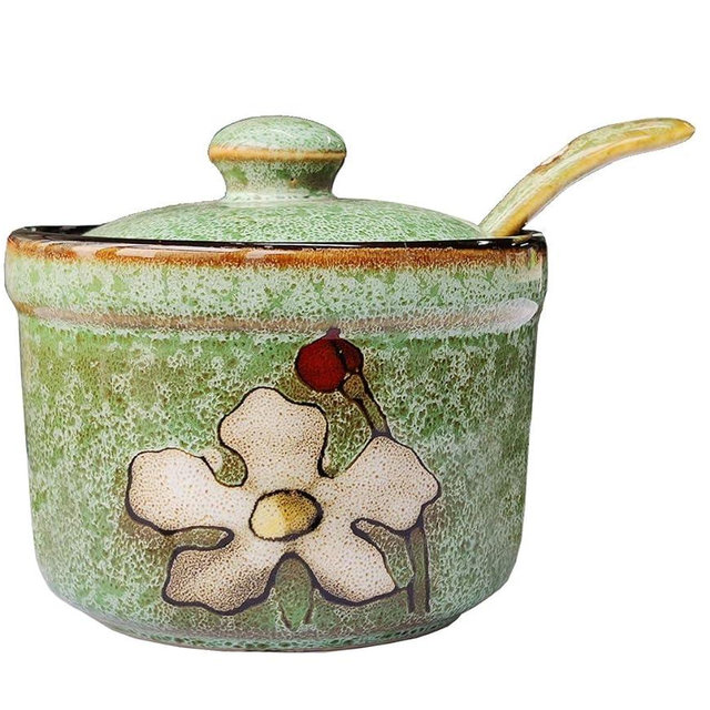 Ceramics Retro Flower Sugar Salt Pepper Storage Jar Seasoning Pot with Lid And Spoon