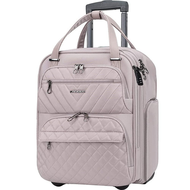 KROSER Carry On Underseat Multi-functional, 16.5-inch Underseater Lightweight Overnight Suitcase for Women, Dusty Pink