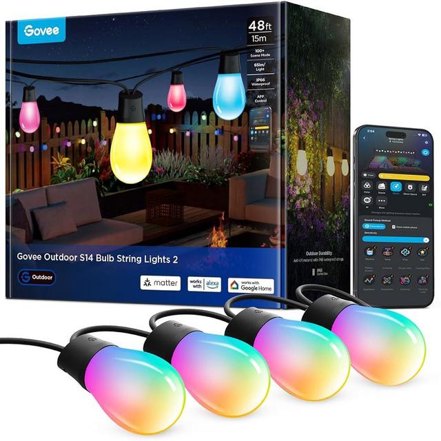 Govee S14 Bulb Outdoor String Lights 2, 48ft Smart RGBIC Warm White Patio Lights with 15 LED Bulbs, 111 Scene Modes for Outdoor Decor, Works with Alexa, Google, Matter, APP Control, IP66 Waterproof