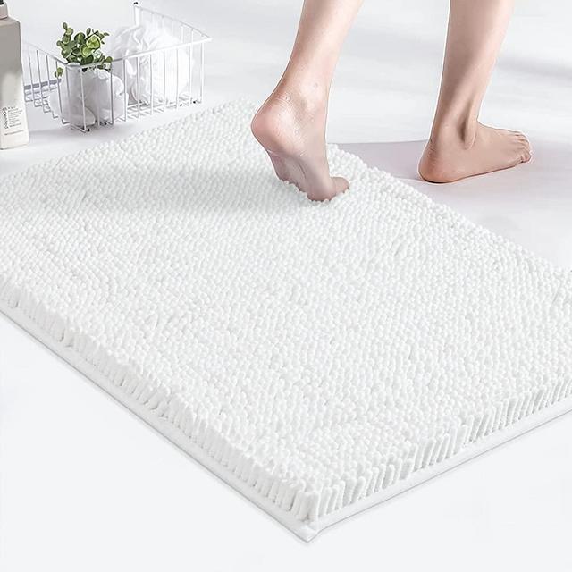MAYSHINE Luxury Non Slip Chenille Bath Mat for Bathroom Rugs 24" x17", Extra Soft and Absorbent Microfiber Shag Rug, Machine Wash Dry- Perfect Plush Carpet Mats for Tub, Shower, and Room- White