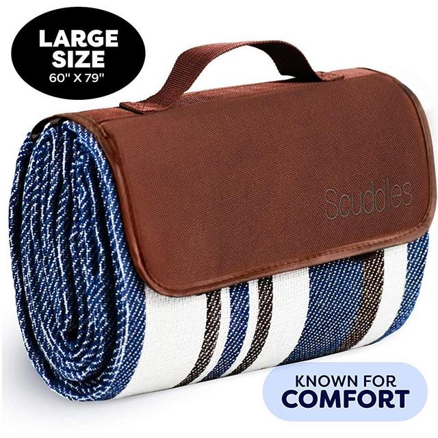 Extra Large Picnic & Outdoor Blanket Dual Layers for Outdoor Water-Resistant Handy Mat Tote Spring Summer Blue and White Striped Great for The Beach,Camping on Grass Waterproof Sandproof (Blue 60X79)