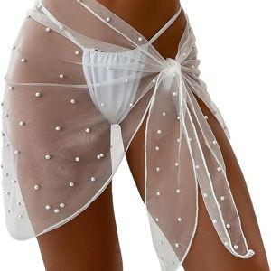 GORGLITTER Women's Cover Up Sarong Wrap Skirt Bachelorette Outfits for Bride Sheer Mesh Bridal Swimsuit Pearl Bathing Suit