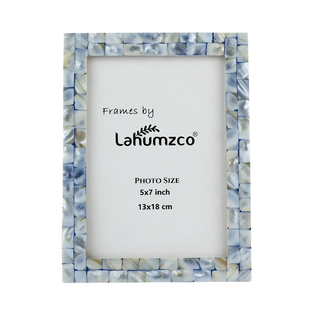 Lahumzco Mother of Pearl Photo Frame 5x7 – Handmade Decorative Picture Frame for Tabletop or Wall – Elegant Pearl Inlay Home Décor for Living Room, Bedroom, Office (Blue)