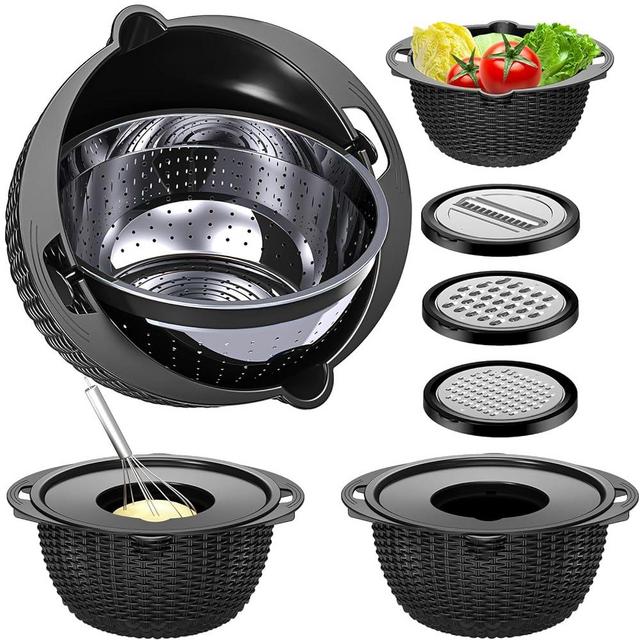 4-1 Colander with Mixing Bowl Set - Pasta Strainer - Colander for Kitchen - Strainers and Colanders Rice Strainer Fruit Cleaner Veggie Wash Sink Strainer Kitchen Essentials - Black