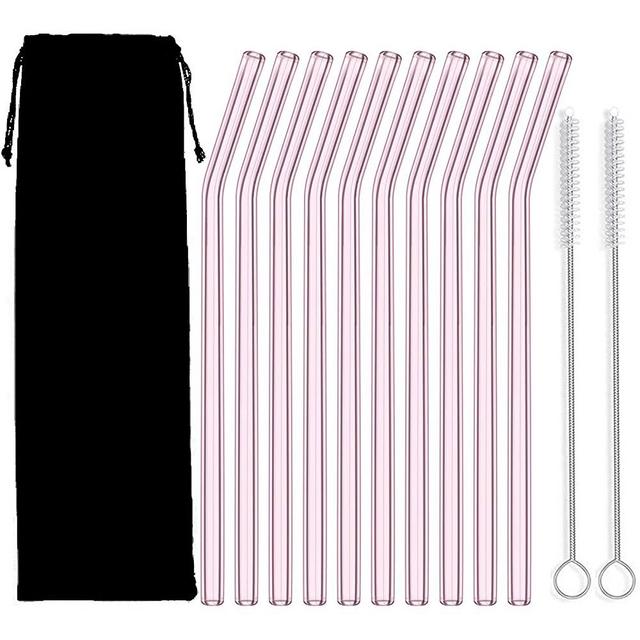 Glass Straw – 10pcs Pink Bent Glass Straw Set, 8'' Reusable Straws With Cleaning Brush For Tumblers, Tervis, Starbucks Cups, Mason Jars – STRAW0020-TR-10 (Pink Bent 10pcs) (Pink 10pcs)