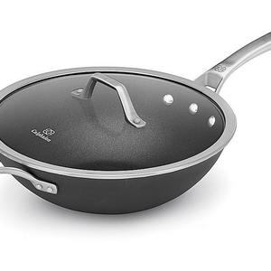 Calphalon 1948257 Signature Hard Anodized Nonstick Covered Flat Bottom Wok, 12", Black