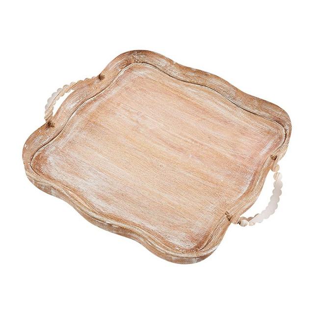 Mud Pie Scalloped Beaded Tray, 18" x 18", Brown