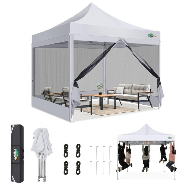 COBIZI 10x10 Canopy Tent, Heavy Duty Pop up Canopy with Sidewalls, Waterproof Easy Setup Canopy with Mosquito Netting, Outdoor Instant Screen Tents for Parties, Wedding, Backyard with Carry Bag, White