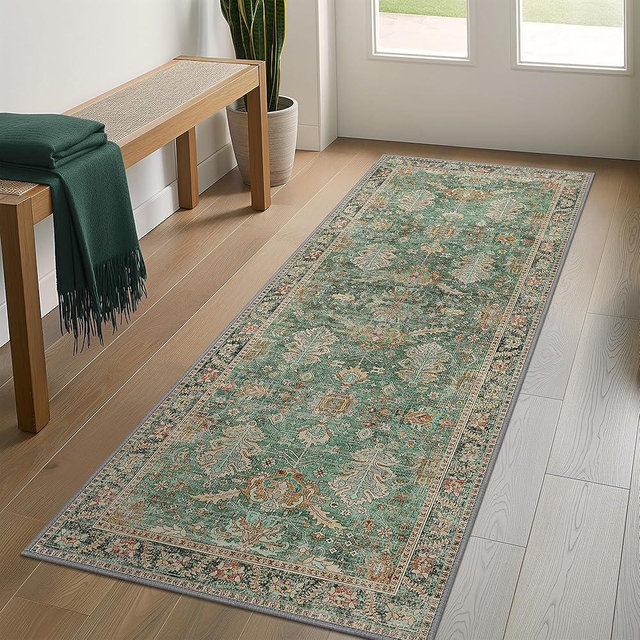 Bavni Runner Rug, Machine Washable Rugs for Bedroom 2x7, Non Slip Boho Rugs with Rubber Backing, Ultra-Thin Folable Rug Runner for Hallways Bathroom, Sage/Gold