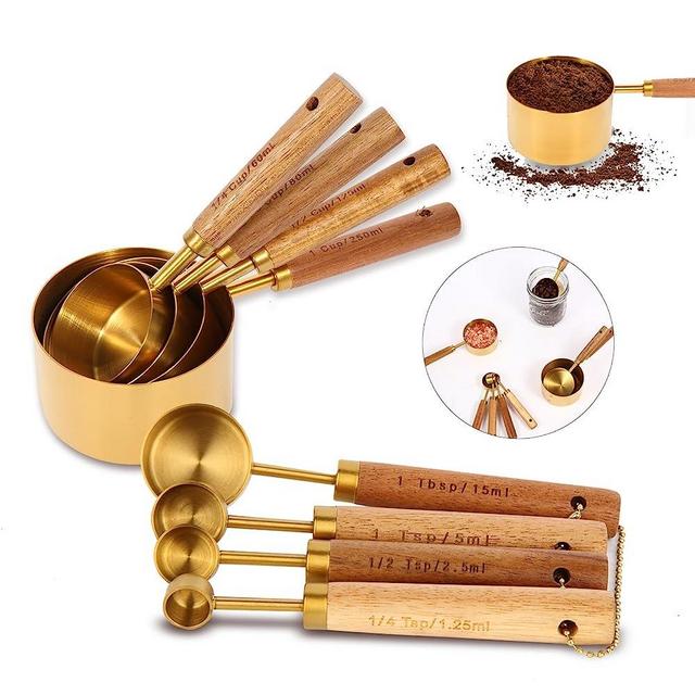 Gold Measuring Cups and Spoons Set with Fragrant Wood Handles, Premium Stainless Steel Measuring Spoons and Measuring Cups Set, For Cooking and Baking in the Kitchen (8 Piece)