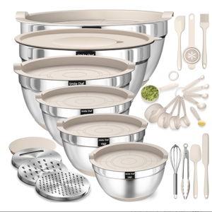 Mixing Bowls with Airtight Lids Set, 26PCS Stainless Steel Khaki Bowls with Grater Attachments, Non-Slip Bottoms & Kitchen Gadgets Set, Size 7, 4, 2.5, 2.0,1.5, 1QT, Great for Mixing & Serving