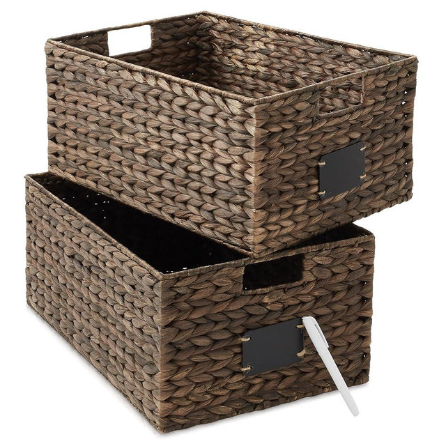 Casafield Set of 2 Water Hyacinth Pantry Baskets, 12-1/2" x 17" x 8", with Chalkboard Labels and Chalk Marker - Espresso, Woven Storage Bin Organizers for Kitchen Shelves