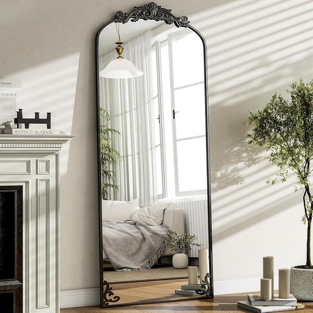 GLSLAND Vintage 64"x 21" Full Length Mirror Large Carved Arched Mirror with Metal Frame Baroque Full Body Mirror for Bathroom/Living Room/Entryway,Black