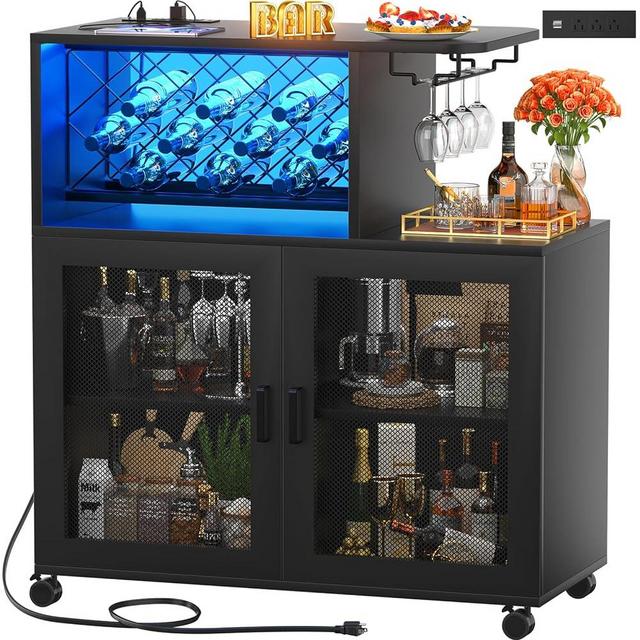 Girapow Wine Bar Cabinet with Wheels, Small Home Bar with LED Light, Liquor Cabinet with Power Outlets, Coffee Bar Cabinet with Wine Rack, Glasses Storage for Kitchen, Dining Room, Living Room, Black