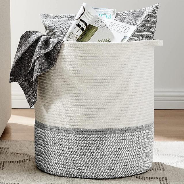 Truly Lou Large Decorative Cotton Rope Basket with Leather Handles - 18" x 16" Woven Boho Laundry Basket Hamper, Blanket and Pillow Basket for Living Room, Soft Storage for Nursery (Grey Stripe)